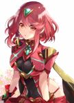  1girl :o bangs blush breasts chest_jewel earrings eyebrows_visible_through_hair fingerless_gloves gem gloves pyra_(xenoblade) jewelry konoha2014 large_breasts red_eyes redhead short_hair simple_background skindentation solo swept_bangs tiara white_background xenoblade_(series) xenoblade_2 