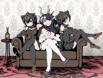  3girls absurdres alcohol animal_ears annoyed antelope_ears antelope_horns apron arm_support armpits australian_devil_(kemono_friends) bangs bare_shoulders batten_japari_dan black_apron black_cape black_hair black_legwear blackbuck_(kemono_friends) bottle bow bowtie brown_eyes cape couch crossed_legs cup detached_sleeves drink drinking_glass eyepatch full_body furrowed_eyebrows gloves grey_eyes grey_hair grin hair_between_eyes highres horns indoors kemono_friends kemono_friends_3 leaning_back long_hair looking_at_viewer medical_eyepatch medium_hair miniskirt multicolored_hair multiple_girls on_couch open_mouth own_hands_together pantyhose shimosami shirt shoes sitting skirt sleeveless sleeveless_shirt smile swept_bangs tasmanian_devil_(kemono_friends) tasmanian_devil_ears thigh-highs two-tone_hair v-shaped_eyebrows waist_apron white_hair white_legwear zettai_ryouiki 
