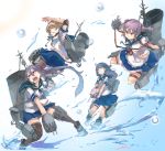  4girls adapted_turret ahoge akebono_(kantai_collection) akicosmossakasa apron badge bandaid bandaid_on_face bell black_hair black_legwear blue_sailor_collar blue_skirt brown_eyes brown_hair cannon crab elbow_pads flower frilled_apron frilled_skirt frills hair_bell hair_bobbles hair_flower hair_ornament highres jingle_bell kantai_collection knee_pads kneehighs long_hair machinery multiple_girls oboro_(kantai_collection) pleated_skirt puffy_short_sleeves puffy_sleeves purple_hair remodel_(kantai_collection) sailor_collar sazanami_(kantai_collection) school_uniform serafuku short_hair short_sleeves side_ponytail skirt smokestack thigh-highs torpedo_launcher turret twintails ushio_(kantai_collection) very_long_hair violet_eyes waist_apron white_apron white_legwear wrist_cuffs 