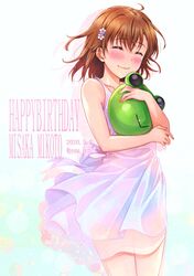  1girl bangs blush brown_hair character_name closed_eyes cowboy_shot dress english_text eyebrows_visible_through_hair hair_ornament happy_birthday misaka_mikoto puma_(hyuma1219) short_hair smile solo to_aru_kagaku_no_railgun to_aru_majutsu_no_index twitter_username white_dress wind 