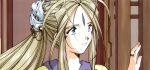 1girl aa_megami-sama alternate_costume belldandy blue_eyes brown_hair close-up closed_mouth facial_mark goddess hair_ornament indoors jewelry long_hair looking_at_another manga official_art ring smile solo