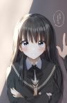  1girl amagami ayatsuji_tsukasa black_eyes black_hair black_jacket black_neckwear blush closed_eyes commentary crossed_arms highres jacket kibito_high_school_uniform long_hair long_sleeves looking_at_viewer pentagon_(railgun_ky1206) pov school_uniform smile smug solo_focus translation_request upper_body v-shaped_eyebrows wall_slam 