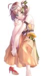  1girl absurdres ahoge aqua_eyes arm_ribbon bangs bare_legs bare_shoulders brown_hair cat_hair_ornament closed_mouth collarbone dress evening_gown eyebrows_visible_through_hair flower footwear_removed hair_ornament hair_ribbon head_tilt high_heels highres hololive knee_up kurumi_tsuchi looking_at_viewer natsuiro_matsuri no_legwear no_socks orange_dress red_footwear ribbon sash shadow shoes_removed short_hair side_ponytail simple_background sitting sleeveless sleeveless_dress smile solo sunflower tiara virtual_youtuber white_background 