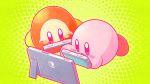  2boys absurdres blue_eyes blush_stickers green_background highres kirby kirby_(series) much@n multiple_boys nintendo_switch no_humans playing_games smile waddle_dee |_| 