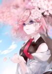  1girl absurdres bare_shoulders breasts cherry_blossoms commentary_request day fate/grand_order fate_(series) glasses hair_over_one_eye highres jacket large_breasts looking_at_viewer mash_kyrielight necktie off-shoulder_jacket outdoors pink_nails red_neckwear short_hair smile solo tanuki_k violet_eyes white_jacket 