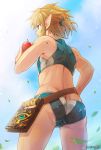  1boy apple ass bikini_briefs blonde_hair blue_eyes food from_behind from_below fruit link male_swimwear midriff pointy_ears solo swim_briefs swimwear the_legend_of_zelda the_legend_of_zelda:_breath_of_the_wild torajimaneko 