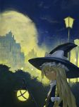  1girl architecture black_headwear black_vest blonde_hair blurry blurry_background braid broom building clouds fjsmu full_moon gothic_architecture hair_ribbon hat hat_ribbon high_collar highres kirisame_marisa lamppost lantern long_hair looking_at_viewer moon night outdoors ribbon shirt single_braid smile solo standing touhou tree tress_ribbon upper_body very_long_hair vest white_shirt witch_hat yellow_eyes 