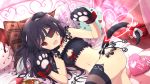  animal_ears artist_request bare_shoulders bed black_hair black_legwear blush bow cat_ears cat_tail english_text eyepatch fang flat_chest frills gloves heart heart_pillow highres long_hair looking_at_viewer lying midriff mirai_(senran_kagura) navel open_mouth panties paw_gloves paws pillow red_bow red_eyes senran_kagura side-tie_panties smile tail thigh-highs tomoe_(symbol) underwear 