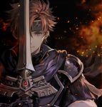  1boy armor binding_blade_(weapon) black_background blue_cape blue_eyes blue_gloves cape closed_mouth commentary embers fire fire_emblem fire_emblem:_the_binding_blade gloves hair_between_eyes headband looking_at_viewer one_eye_covered orange_hair roy_(fire_emblem) senano-yu short_hair simple_background solo spiky_hair upper_body 