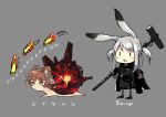  2girls :d absurdres ahoge animal_ears arknights bangs black_footwear black_jacket black_shirt black_skirt blush_stickers brown_hair character_name chibi commentary_request eyebrows_visible_through_hair eyjafjalla_(arknights) full_body hammer highres holding holding_hammer holding_weapon horns jacket long_hair multiple_girls open_clothes open_jacket open_mouth over_shoulder pompeii_(arknights) rabbit_ears sakusyo savage_(arknights) sheep_ears sheep_horns shirt shoes sidelocks silver_hair skirt smile standing striped translation_request twintails vertical-striped_skirt vertical_stripes violet_eyes weapon weapon_over_shoulder |_| 