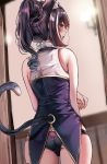 1girl animal_ear_fluff animal_ears ass bangs bare_arms bare_shoulders black_hair black_panties blurry blurry_background blush cat_ears cat_girl cat_tail eyebrows_visible_through_hair fang from_behind green_eyes highres indoors kyaru_(princess_connect) long_hair looking_back multicolored_hair no_detached_sleeves no_pants open_mouth panties ponytail princess_connect! princess_connect!_re:dive sak_(lemondisk) shirt short_ponytail sleeveless sleeveless_shirt solo streaked_hair tail underwear white_hair white_shirt 