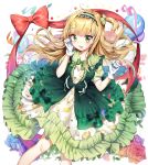  1girl :d balloon bangs blonde_hair bow bowtie cleavage_cutout clenched_hands dress flower frilled_dress frills gloves green_bow green_dress green_eyes green_hairband green_neckwear hair_bow hairband hand_on_own_cheek highres lemon_print lolita_fashion lolita_hairband long_hair looking_at_viewer one_side_up open_mouth original print_dress red_ribbon revision ribbon rose short_sleeves sigi smile solo streamers white_gloves 