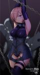  1girl armored_leotard armpits arms_up artist_name bare_shoulders black_gloves black_legwear black_leotard blurry blush bound bound_arms breasts chain chained closed_mouth commentary commission cowboy_shot depth_of_field elbow_gloves english_commentary fate/grand_order fate_(series) frown gloves groin hair_over_one_eye highres impossible_clothes impossible_leotard large_breasts leotard looking_at_viewer mash_kyrielight pink_hair sheita shield short_hair solo thigh-highs thigh_strap tied_up violet_eyes 