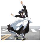  1girl apron black_hair blue_footwear closed_eyes long_sleeves maid maid_apron maid_dress maid_headdress original parking_lot shoes short_hair skateboard skateboarding sneakers solo suzushiro_(suzushiro333) white_background 