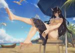  1girl absurdres azur_lane barefoot beach bikini bird black_cardigan black_hair boat cirilla feet hair_ornament highres horn long_hair looking_at_viewer noshiro_(azur_lane) ocean oni_horns palm_tree scenery seagull skirt solo swimsuit tree undressing violet_eyes watercraft wet white_bikini x_hair_ornament 