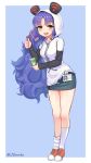  1girl alcohol bangs beer beer_can blue_hair blush breasts can connector_yumi full_body highres hood hoodie id_card last_origin long_hair looking_at_viewer manme miniskirt open_mouth shoes skirt smile sneakers socks solo thumbs_up twitter_username very_long_hair yellow_eyes 
