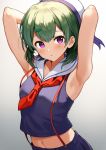  1girl :o armpits arms_behind_head arms_up bare_arms bare_shoulders beret black_shirt copyright_request crop_top crop_top_overhang gradient gradient_background green_hair hair_ornament hairclip hat highres looking_at_viewer midriff navel neckerchief nishizawa parted_lips sailor_collar school_uniform serafuku shirt short_hair sleeveless sleeveless_shirt solo suspenders upper_body violet_eyes virtual_youtuber white_headwear 