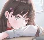  1girl allta bangs blush brown_eyes brown_hair commentary eyebrows_visible_through_hair face hair_behind_ear hair_ornament hairclip indoors long_hair long_sleeves looking_at_viewer original red_ribbon ribbon school_uniform solo window 