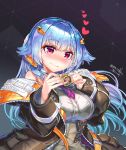  1girl acuma bangs blue_hair blush breasts eyebrows_visible_through_hair heart highres jacket last_origin long_hair signature smile solo violet_eyes x-00_tiamat 