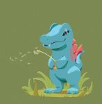  artisadie brown_eyes commentary creature dandelion english_commentary fangs flower full_body gen_2_pokemon grass grey_background highres holding holding_flower no_humans pokemon pokemon_(creature) simple_background solo standing totodile 