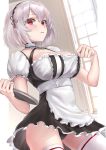  1girl absurdres anchor_choker apron ass_visible_through_thighs azur_lane bangs black_panties blush breasts choker collarbone dress eyebrows_visible_through_hair frills hair_between_eyes highres lace lace-trimmed_hairband lace-trimmed_legwear large_breasts looking_at_viewer looking_down maid_apron maid_dress maid_headdress monegi open_mouth panties puffy_sleeves red_eyes ribbon short_hair short_sleeves silver_hair sirius_(azur_lane) solo thigh-highs tray underwear white_frills white_legwear window 