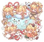  &gt;_&lt; 1girl bird blonde_hair bow chibi chicken drum flower granblue_fantasy harvin instrument iran_stn joy_(granblue_fantasy) mahira_(granblue_fantasy) midriff multiple_persona one_eye_closed pillow sleeping wide_sleeves 