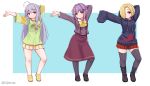  3girls ahoge black_legwear blonde_hair boots braid hair_intakes hair_over_one_eye highres hood hoodie hoshi_shouko idolmaster idolmaster_cinderella_girls idolmaster_cinderella_girls_starlight_stage kawaii_boku_to_142&#039;s koshimizu_sachiko long_hair looking_at_viewer manme multiple_girls pantyhose plaid plaid_skirt pleated_skirt pose purple_hair red_skirt school_uniform shirasaka_koume shorts single_braid skirt sleeves_past_wrists very_long_hair yellow_skirt 