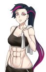  1girl abs arm_at_side bare_arms bare_shoulders black_hair breasts collarbone cowboy_shot facial_scar frown gradient_hair groin hand_up large_breasts long_hair looking_at_viewer midriff multicolored_hair muscle muscular_female navel original ponytail purple_hair red_eyes scar scar_on_cheek simple_background solo sports_bra streaked_hair towel_on_one_shoulder twrlare very_long_hair white_background 