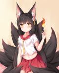 1girl absurdres alternate_costume animal_ear_fluff animal_ears azur_lane bangs beige_background black_hair blush breasts chinese_commentary collarbone commentary_request cowboy_shot crop_top eyebrows_visible_through_hair fire flower fox_ears fox_tail hair_flower hair_ornament hand_up highres hime_cut long_hair looking_at_viewer midriff multiple_tails nagato-chan nagato_(azur_lane) navel on_bed pleated_skirt red_sailor_collar red_skirt sailor_collar school_uniform serafuku shadow short_sleeves sidelocks sitting sitting_on_bed skirt small_breasts solo tail very_long_hair white_serafuku yellow_eyes 