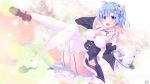  1girl absurdres animal_ears ass bangs black_footwear black_legwear blue_eyes blue_hair blush breasts cat_ears commentary_request cup detached_sleeves dress frills hair_ornament hair_ribbon highres large_breasts looking_at_viewer maid maid_dress maid_headdress natsumiya_yuzu open_mouth panties plate re:zero_kara_hajimeru_isekai_seikatsu red_ribbon rem_(re:zero) ribbon shoes short_hair smile solo teacup thigh-highs underwear upper_teeth white_legwear white_panties x_hair_ornament 