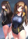  2girls 404_logo_(girls_frontline) :3 absurdres ass black_jacket blue_swimsuit blurry blurry_background bosshi breasts brown_eyes brown_hair closed_mouth collarbone competition_swimsuit covered_nipples cowboy_shot depth_of_field enty_reward error girls_frontline grey_swimsuit hair_ornament hair_ribbon hairclip hands_in_pockets highres jacket large_breasts long_hair long_sleeves looking_at_viewer matching_outfit medium_breasts multiple_girls no_scar one-piece_swimsuit one_side_up orange_eyes paid_reward ribbon small_breasts smile standing swimsuit swimsuit_under_clothes twintails ump45_(girls_frontline) ump9_(girls_frontline) 
