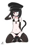  1girl ass_visible_through_thighs bangs black_bra black_footwear black_gloves black_hair black_headwear black_legwear black_panties blunt_bangs bra choker cross elbow_gloves full_body gloves high_heels kneeling kuchinashi_(not_on_shana) looking_at_viewer not_on_shana original panties red_eyes salute short_hair simple_background solo thigh-highs tongue tongue_out underwear white_background 