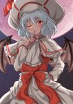  1girl ;) bat_wings black_wings blush capelet closed_mouth commentary_request curiosities_of_lotus_asia full_moon hand_on_hip hat head_tilt highres light_blue_hair long_hair looking_at_viewer medium_hair moon mukkushi night night_sky one_eye_closed outdoors red_eyes remilia_scarlet sash skirt sky smile solo touhou white_capelet white_headwear white_skirt wings 