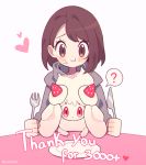  1girl ? alcremie blush brown_eyes brown_hair clarevoir commentary creature eating english_commentary food fork fruit gen_8_pokemon heart holding holding_fork holding_knife knife looking_at_viewer plate pokemon pokemon_(creature) pokemon_(game) pokemon_swsh red_eyes short_hair signature simple_background spoken_question_mark strawberry table thank_you white_background yuuri_(pokemon) 