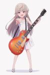  1girl bare_shoulders blush commentary dress electric_guitar eyebrows_visible_through_hair full_body gibson grey_hair guitar highres holding holding_instrument instrument les_paul long_hair looking_at_viewer makaino_ririmu multicolored_hair nijisanji open_mouth outstretched_arm plectrum pointy_ears red_eyes redhead sabamen sandals shadow sidelocks simple_background sleeveless sleeveless_dress smile solo strap_slip streaked_hair virtual_youtuber white_background white_dress 