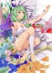  absurdres barefoot bow dress feet flower front_ponytail green_eyes green_hair hair_bow hand_up highres kagiyama_hina open_mouth touhou 