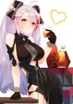  1girl absurdres antenna_hair aoiro_(t_aoiro123) arm_support azur_lane bare_shoulders black_dress black_gloves bottle bow breasts cowboy_shot cup dress drinking_glass gloves hair_bow hand_up highres holding large_breasts long_hair looking_at_viewer multicolored_hair orange_eyes prinz_eugen_(azur_lane) prinz_eugen_(cordial_cornflower)_(azur_lane) sleeveless sleeveless_dress smile solo standing streaked_hair two_side_up 