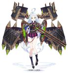  1girl ahoge bangs black_footwear black_gloves black_shirt boots character_request commentary_request finger_on_trigger full_body fuyuno_yuuki gertrud_barkhorn gloves gun holding holding_gun holding_weapon long_hair machinery official_art oshiro_project_re parted_bangs shirt short_shorts short_sleeves shorts silver_hair solo striped vertical-striped_shorts vertical_stripes very_long_hair watermark weapon white_background 