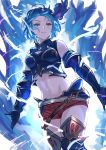  1girl aldehyde aura bare_shoulders belt blue_eyes blue_hair boots commentary_request crop_top djeeta_(granblue_fantasy) elbow_gloves floating_hair gloves granblue_fantasy guider_to_the_eternal_edge hair_ornament highres looking_at_viewer midriff navel short_shorts shorts smile solo thigh-highs thigh_boots 