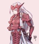  1girl armor breasts cosplay czyk edelgard_von_hresvelg fire_emblem fire_emblem:_three_houses fire_emblem_heroes highres lips long_hair red_armor ryoma_(fire_emblem) ryoma_(fire_emblem)_(cosplay) simple_background small_breasts solo sword violet_eyes weapon 