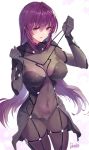  1girl artist_name bangs blush bodysuit breasts commentary_request covered_navel damda fate/grand_order fate_(series) hair_between_eyes hair_intakes large_breasts long_hair looking_at_viewer purple_bodysuit purple_hair red_eyes revision scathach_(fate)_(all) scathach_(fate/grand_order) signature solo thighs torn_bodysuit torn_clothes 