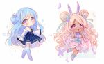  2girls :d animal blonde_hair blue_eyes blue_hair blue_legwear blue_skirt blush bug butterfly butterfly_hair_ornament chibi commentary commission dark_skin double_bun english_commentary flower frilled_legwear frilled_skirt frills hair_bun hair_flower hair_ornament hands_on_own_face hands_up high-waist_skirt hyanna-natsu insect juliet_sleeves long_hair long_sleeves multiple_girls open_mouth original parted_lips pink_skirt puffy_short_sleeves puffy_sleeves purple_flower purple_footwear purple_rose rose shirt shoes short_sleeves skirt sleeves_past_wrists smile socks sparkle standing standing_on_one_leg striped thigh-highs vertical-striped_skirt vertical_stripes very_long_hair violet_eyes watermark white_background white_shirt wide_sleeves 