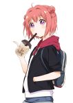  1girl akaza_akari backpack bag bangs blue_shorts bubble_tea casual commentary denim denim_shorts double_bun drawstring drinking drinking_straw eyebrows_visible_through_hair from_side hand_in_pocket holding hood hood_down hoodie looking_at_viewer pink_hair shikou_sakugo_(qqap9gt9k) shirt short_hair short_shorts shorts simple_background solo standing violet_eyes white_background white_shirt yuru_yuri 