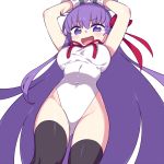  1girl arms_up bangs bb_(fate)_(all) bb_(fate/extra_ccc) blush breasts chan_co covered_navel fate/extra fate/extra_ccc fate_(series) gloves hair_ribbon highleg highleg_leotard large_breasts leotard long_hair looking_at_viewer neck_ribbon open_mouth purple_hair red_ribbon ribbon simple_background solo tearing_up thighs very_long_hair violet_eyes white_background white_gloves white_leotard 