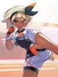  1girl absurdres black_bodysuit black_hairband blue_eyes bodysuit bodysuit_under_clothes commentary_request dark_skin gloves grey_hair gym_leader hair_between_eyes hairband highres kicking knee_pads looking_at_viewer orange_gloves pokemon pokemon_(game) pokemon_swsh saitou_(pokemon) short_hair short_sleeves shorts single_glove solo tsukikoha two-tone_gloves 