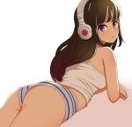  1girl ass bangs black_hair blue_panties closed_mouth commentary dutch_angle from_behind headphones katouken_(ktn-works) light_frown long_hair looking_at_viewer looking_back lying on_stomach original panties shirt solo striped striped_panties tank_top underwear violet_eyes white_background white_shirt 