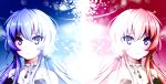  2girls artist_name beyblade beyblade:_burst blue_hair chankyone character_name covering covering_breasts highres looking_at_viewer multiple_girls nishiro_nya open_eyes open_mouth pink_hair powering_up profile serious shiny shiny_hair short_twintails sky twintails violet_eyes 