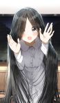  1girl :d absurdly_long_hair absurdres bangs black_hair blush dress eyebrows_visible_through_hair eyes_visible_through_hair flat_screen_tv grey_eyes hair_over_one_eye hands_up highres indoors long_hair long_sleeves open_mouth pentagon_(railgun_ky1206) shirt smile solo television the_ring very_long_hair white_dress yamamura_sadako 