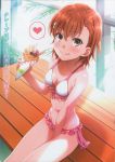  1girl absurdres bikini blush breasts brown_eyes brown_hair eating flower food food_on_face hair_flower hair_ornament happy heart highres ice_cream looking_at_viewer misaka_mikoto puma_(hyuma1219) scan short_hair sitting small_breasts solo swimsuit to_aru_kagaku_no_railgun to_aru_majutsu_no_index 