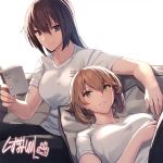  2girls alternate_costume artist_name black_hair black_pants book breasts brown_hair denim green_eyes jeans kantai_collection large_breasts long_hair lying multiple_girls mutsu_(kantai_collection) nagato_(kantai_collection) official_art on_back pants reading red_eyes shirt shizuma_yoshinori short_hair short_sleeves signature stay_at_home t-shirt white_shirt 